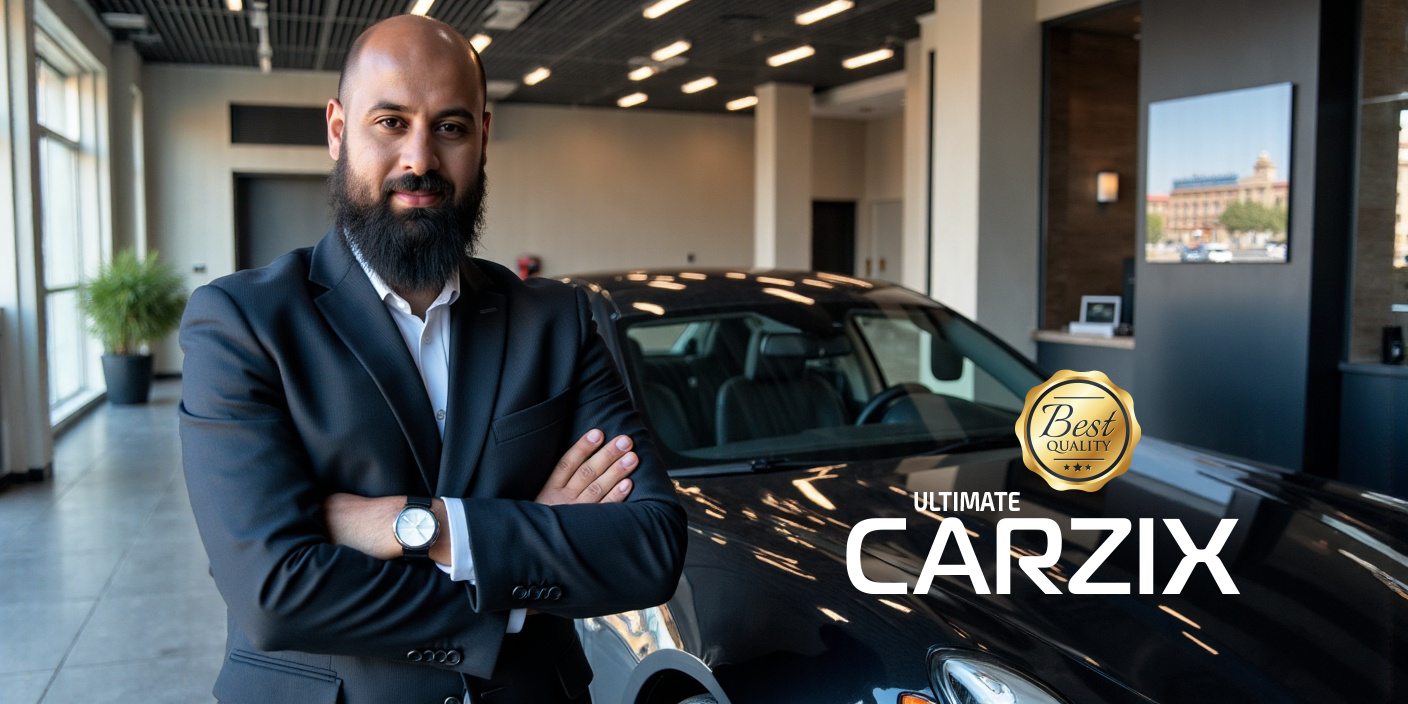 أحمد فتوح يقف بجوار سيارة فاخرة لامعة مع منتجات كارزيكس التميت للعناية بالسيارات.